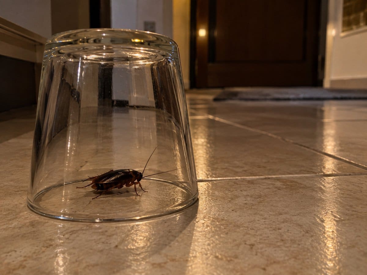 Una blatta scura catturata sotto un bicchiere capovolto sul pavimento di casa