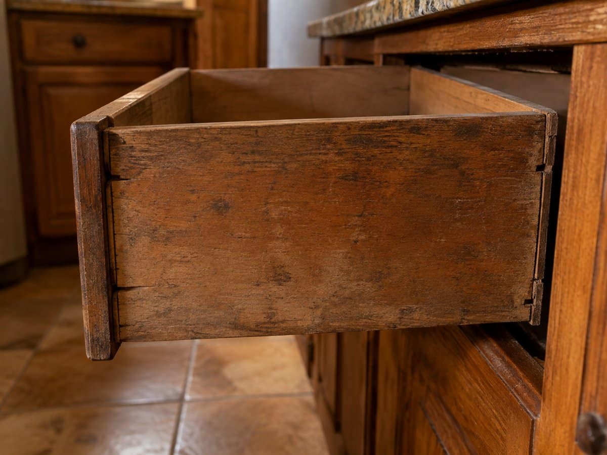 Cassetto di cucina estratto con piccole fessure visibili