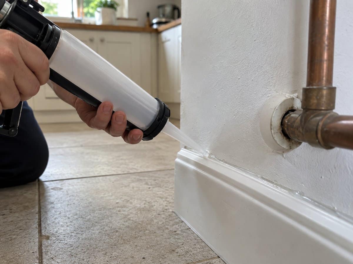 Sigillatura di una fessura nel battiscopa con silicone
