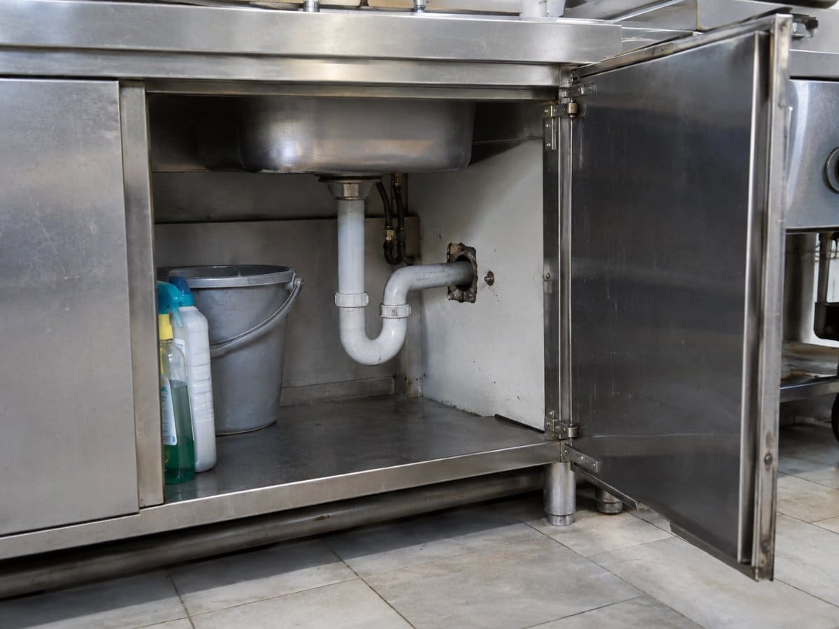 Tubazioni di scarico sotto un lavello in acciaio inox di una cucina professionale, via di passaggio delle blatte tra locali diversi