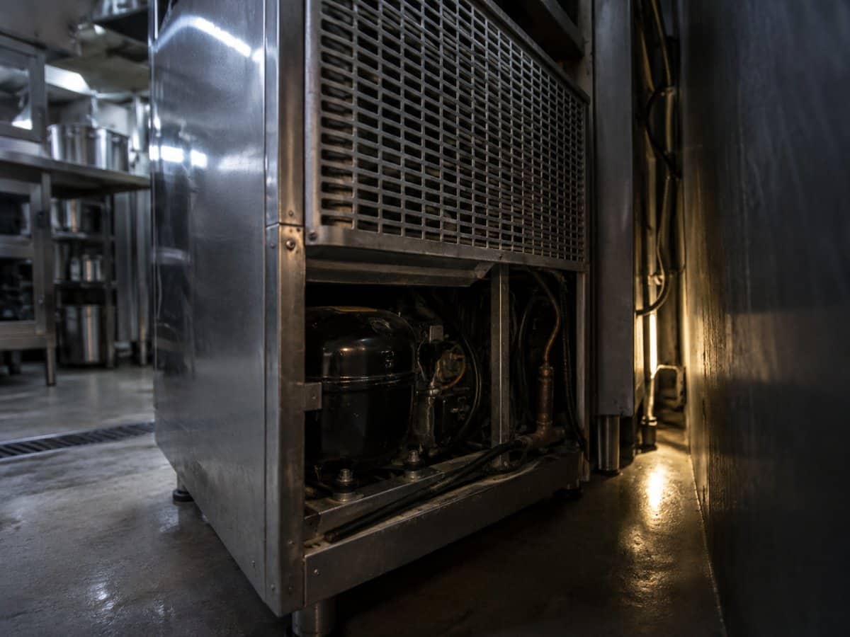 Ispezione con torcia del vano compressore sul retro di un frigorifero professionale