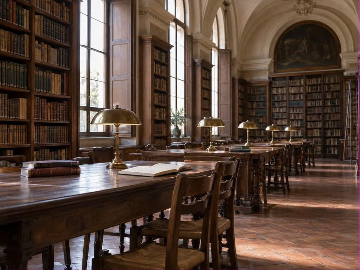 Sala di lettura di un’antica biblioteca universitaria, contesto degli studenti fuorisede a Bologna