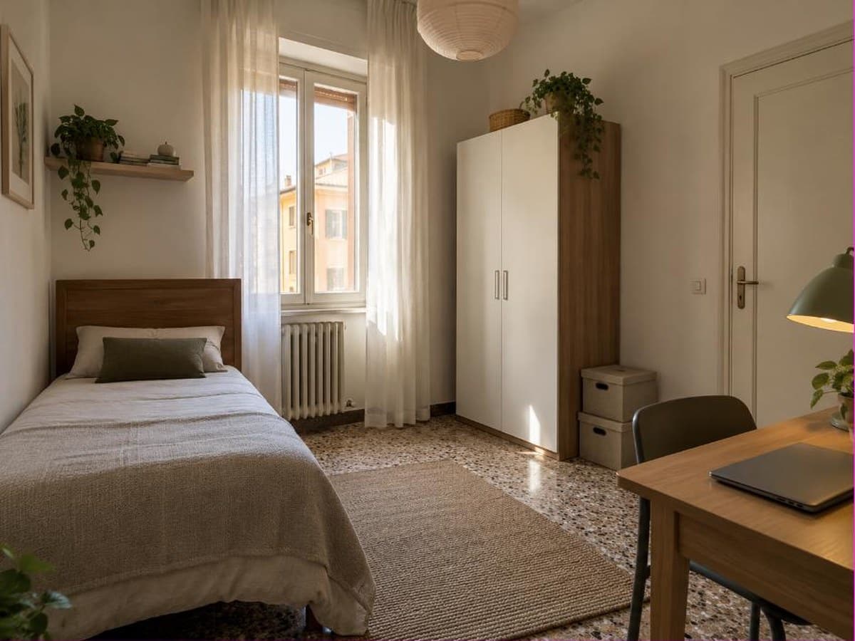 Stanza singola in affitto in un appartamento condiviso, contesto tipico del mercato bolognese delle stanze