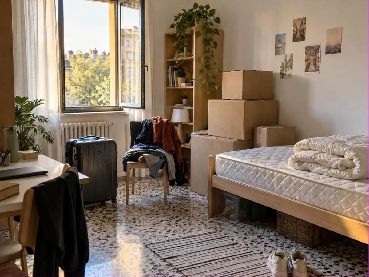 Camera di studente durante il trasloco di inizio anno accademico, il rientro di settembre e ottobre a Bologna