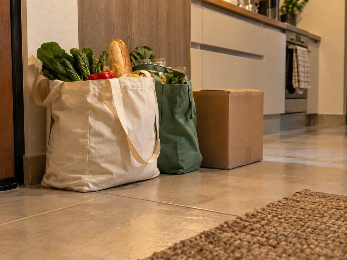 Borse della spesa e cartoni appoggiati sul pavimento vicino alla cucina