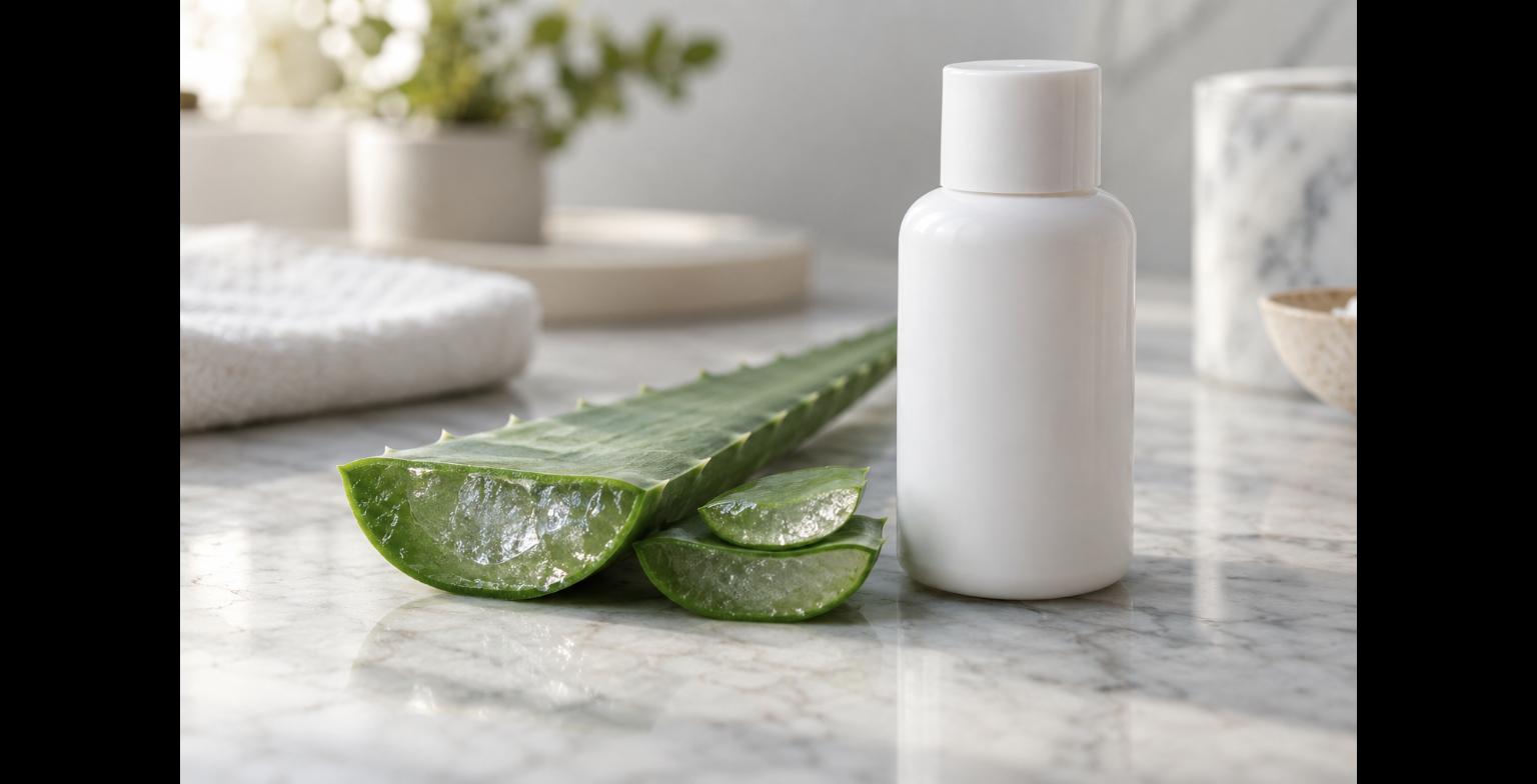 Gel di aloe vera e lozione lenitiva su un piano chiaro