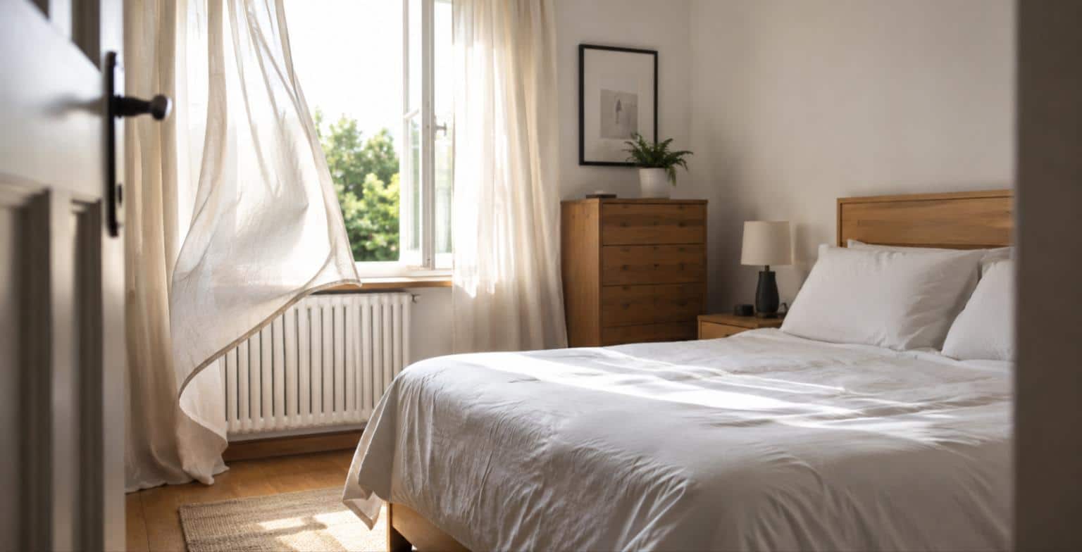Camera da letto arieggiata con finestra aperta: l’odore delle cimici dei letti resta sui tessuti
