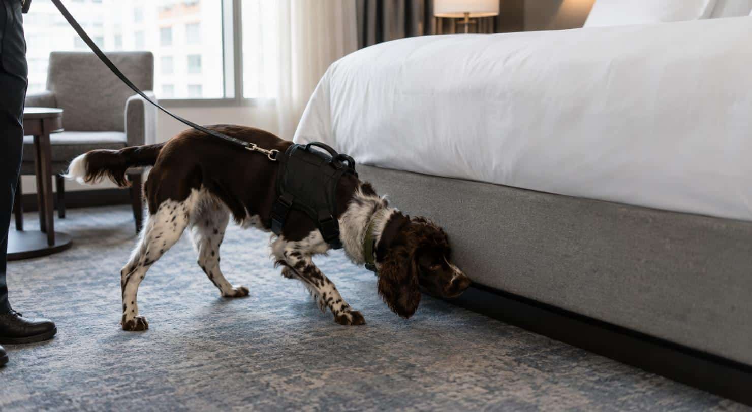 Cane rilevatore di cimici dei letti in una camera d’albergo: la conferma dell’odore richiede un’ispezione