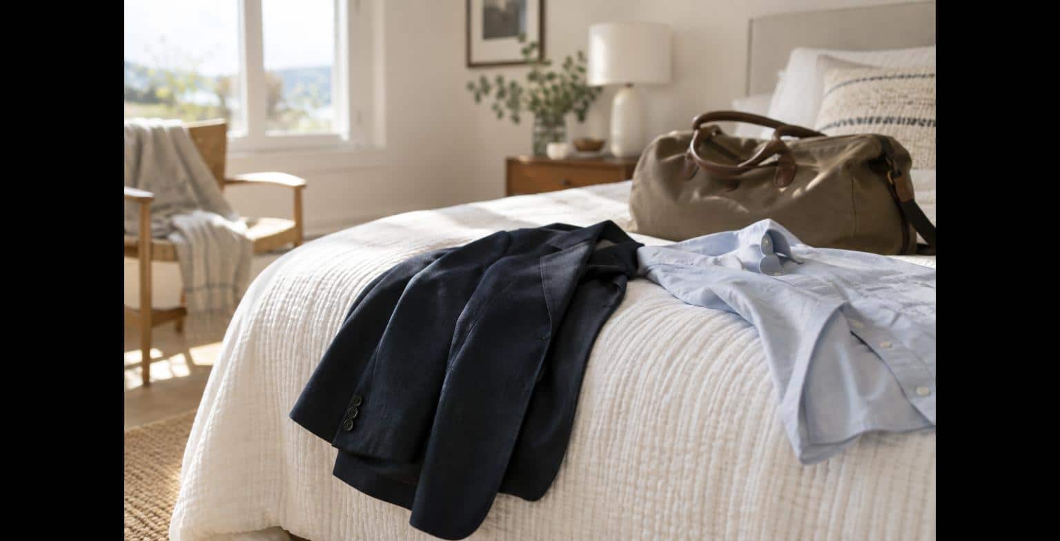 Giacca e camicia appoggiate sul copriletto di una camera da letto