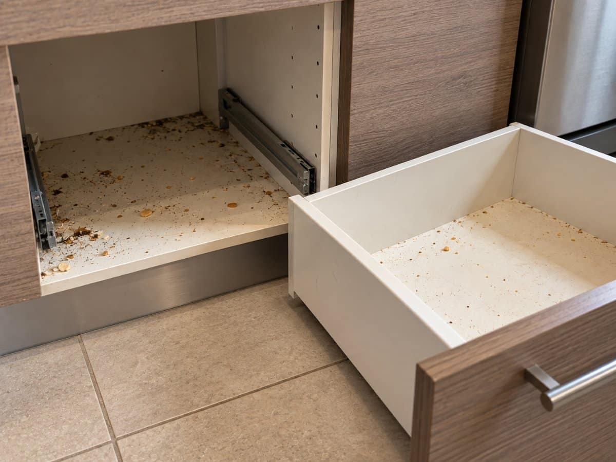 Cassetto estratto da un mobile da cucina con residui sul fondo del vano