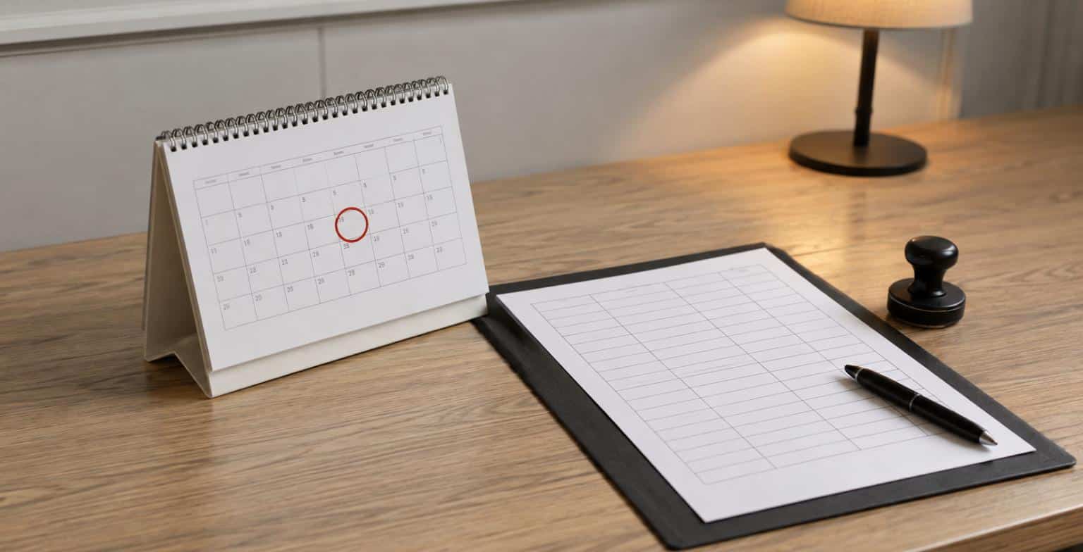 Calendario con una data cerchiata accanto al documento di intervento e al timbro