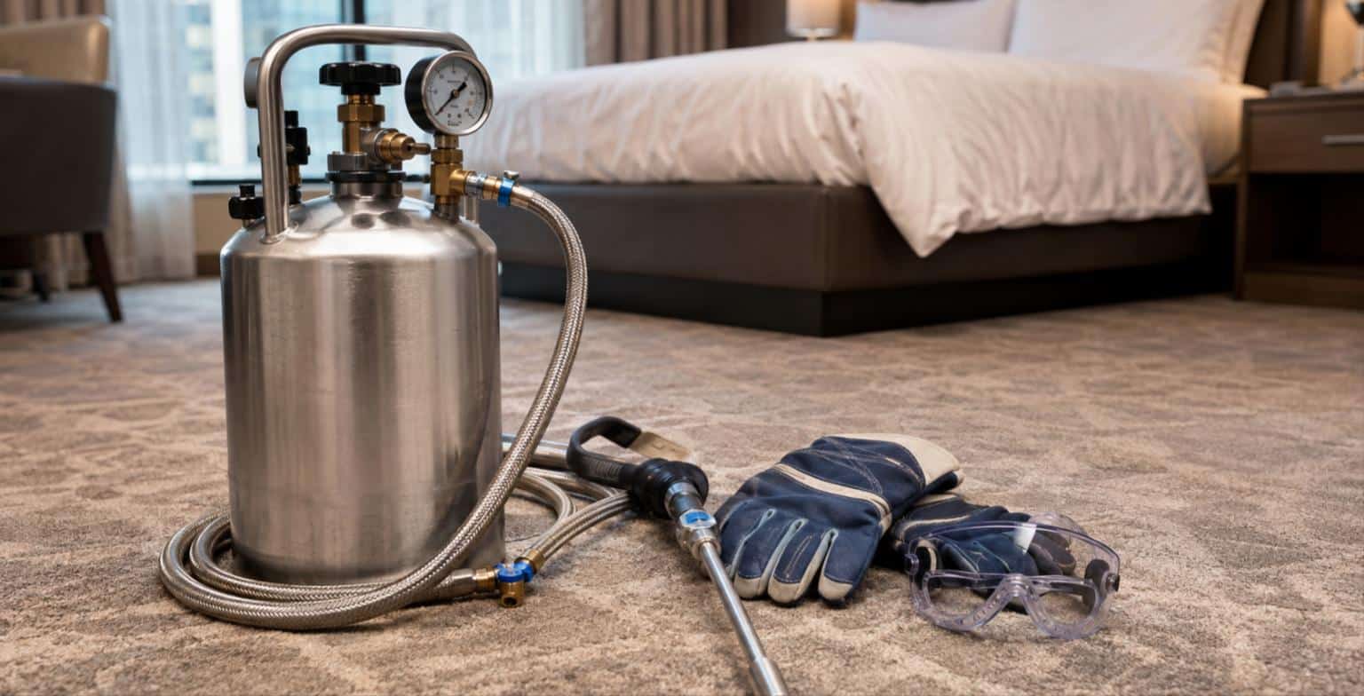 Bombola per azoto liquido, lancia erogatrice, guanti e occhiali protettivi in una camera d albergo