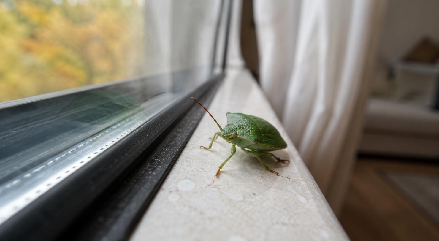 Cimice verde degli orti posata sul davanzale interno di una finestra in autunno: entra da fuori per svernare, a differenza delle cimici dei letti