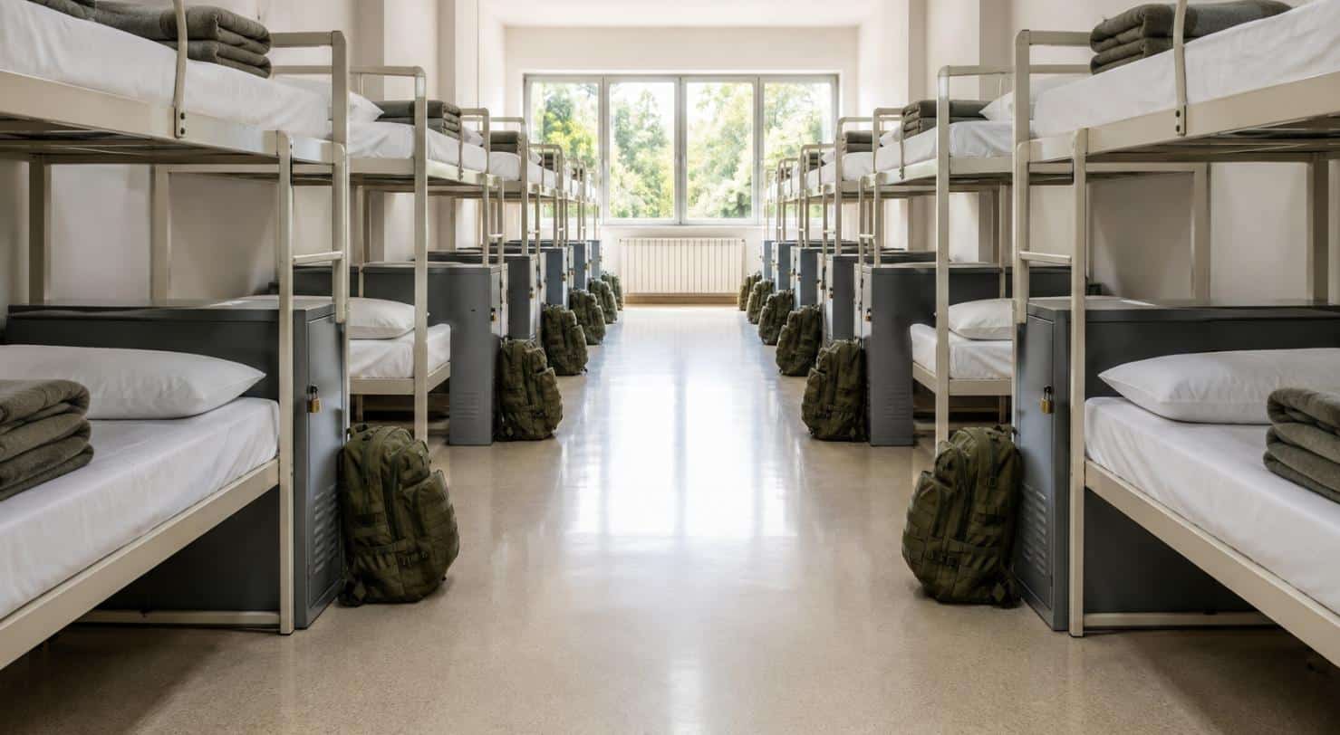 Camerata di caserma con due file di letti a castello, armadietti metallici e zaini militari: ambiente collettivo ad alta densita di posti letto, tipico contesto di infestazione da cimici dei letti