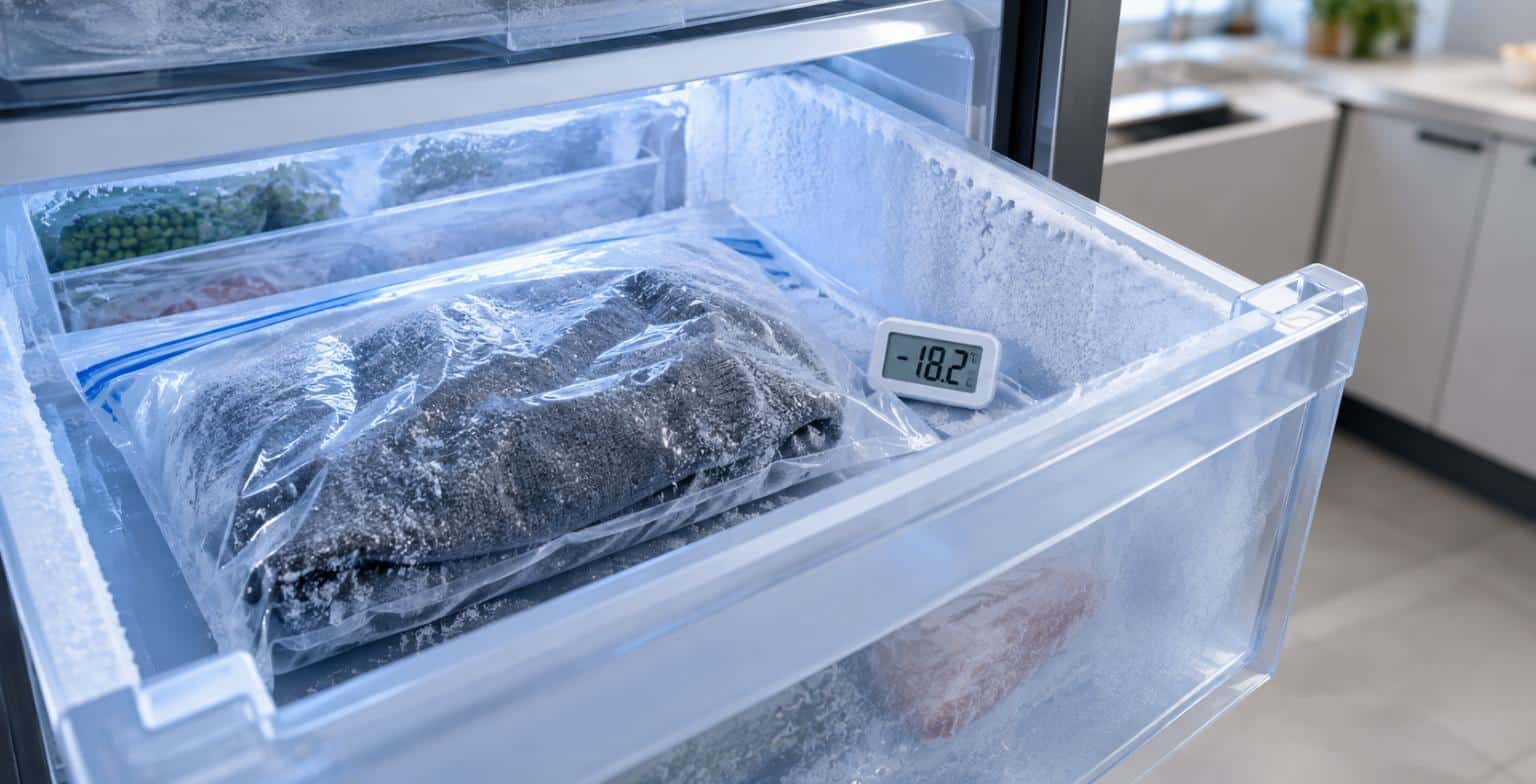 Cassetto di congelatore domestico usato per trattare oggetti con cimici dei letti con il freddo