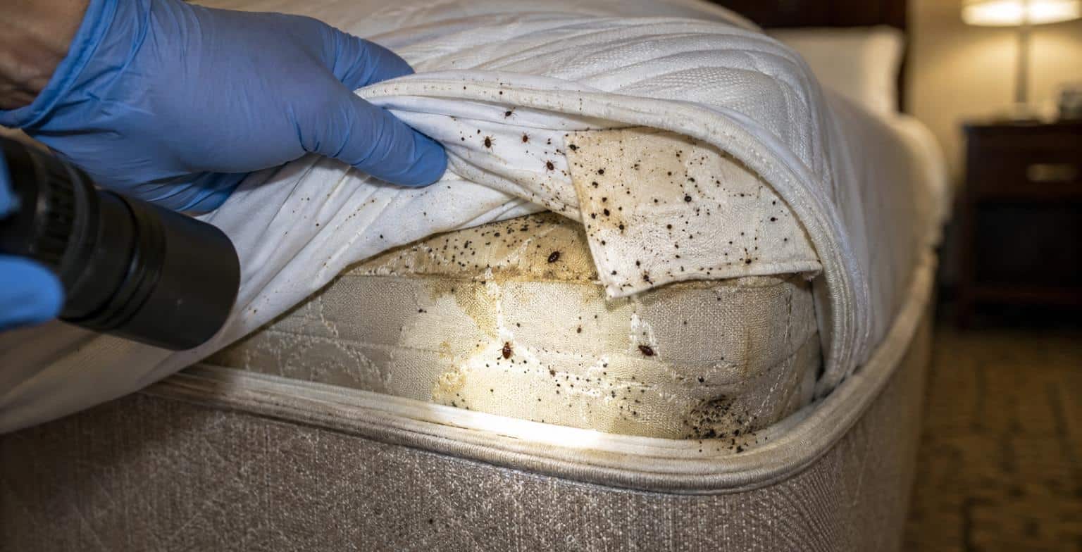 Ispezione della cucitura del materasso con torcia in una camera di struttura ricettiva
