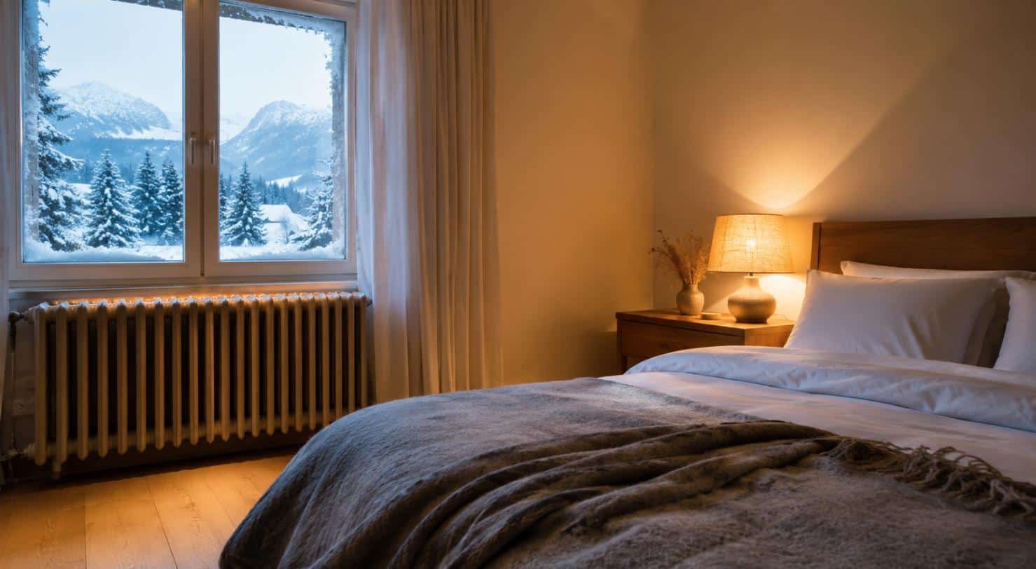Camera da letto con termosifone acceso e finestra su paesaggio innevato: dentro casa la temperatura resta mite tutto l inverno e le cimici dei letti restano attive