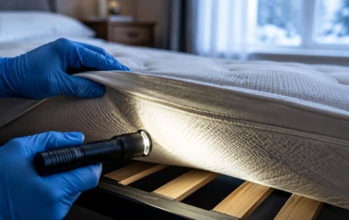 Mani con guanti in nitrile sollevano il bordo del materasso e illuminano con una torcia la cucitura e le doghe alla ricerca di cimici dei letti
