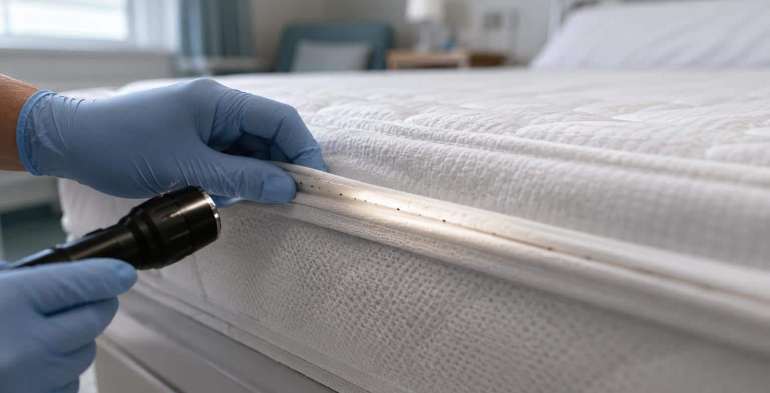 Ispezione con torcia della cucitura di un materasso sanitario in RSA con puntini neri di cimici dei letti