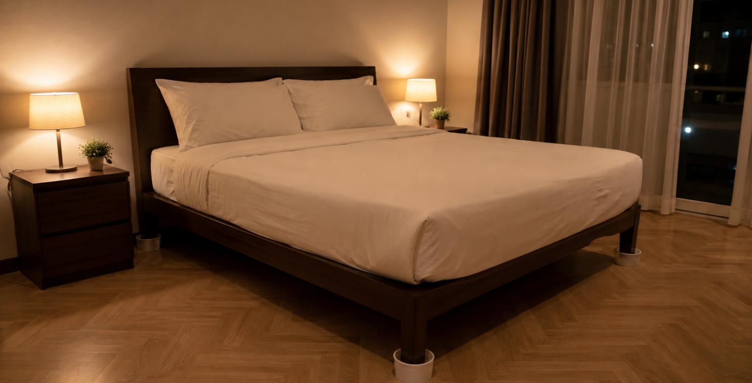 Letto isolato con trappole intercettatrici sotto le gambe durante la notte