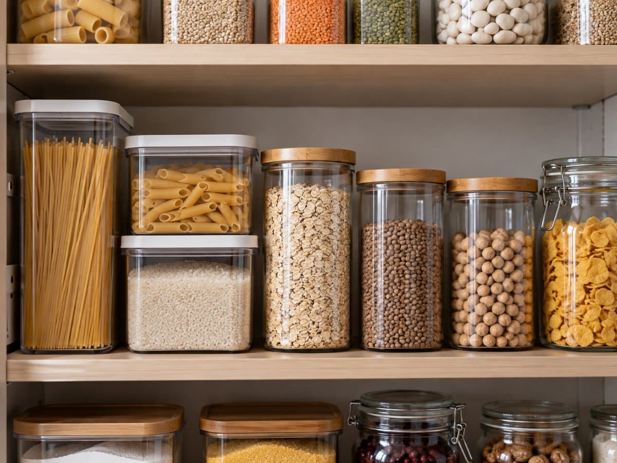 Contenitori ermetici allineati in una dispensa di casa