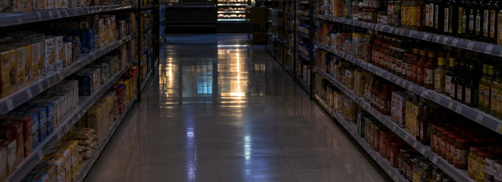 Corsia di un supermercato di notte con scaffali pieni e luci basse