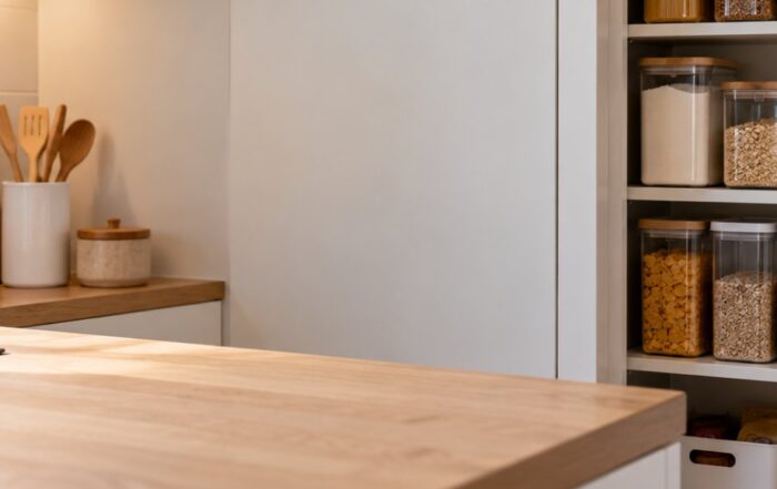 Cucina ordinata con la dispensa aperta e i contenitori ermetici sui ripiani