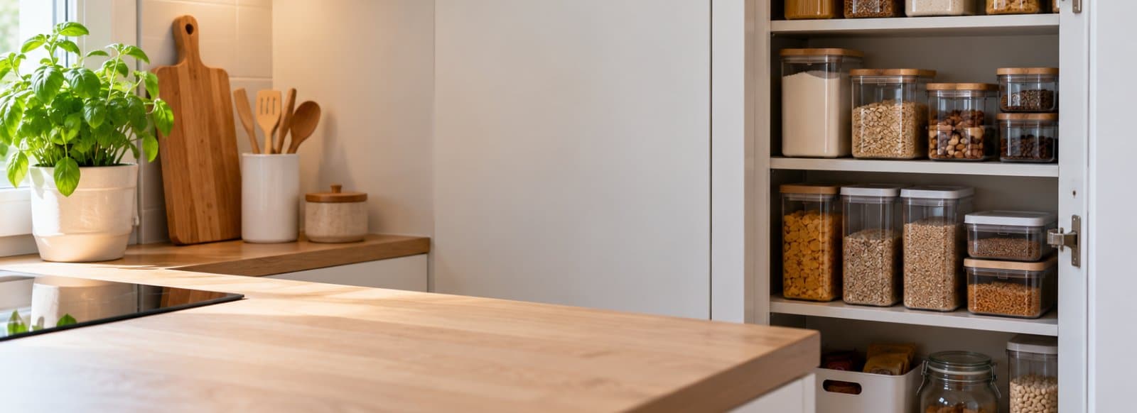 Dispensa ordinata con contenitori ermetici in una cucina di casa