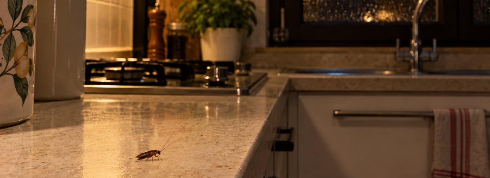 Cucina di casa la sera in autunno con la finestra che mostra il buio esterno
