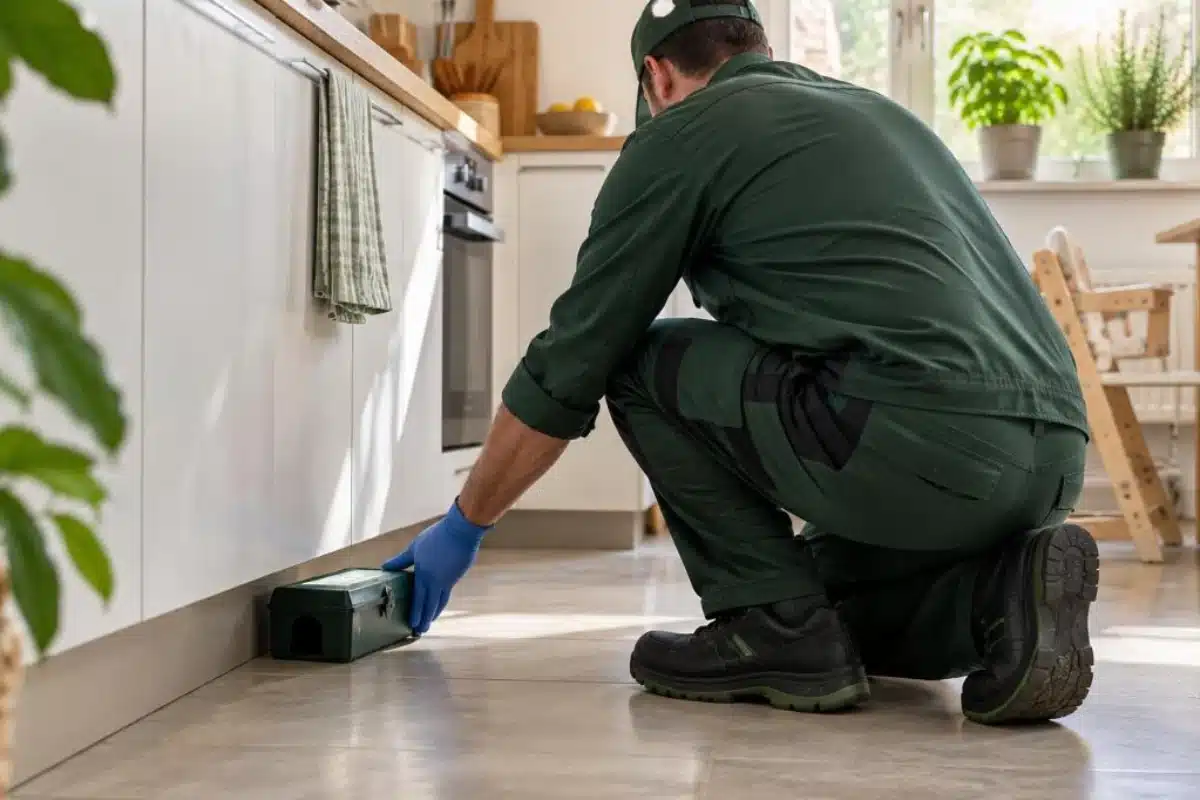 Tecnico Ekonore installa una trappola meccanica chiusa in una cucina domestica, metodo bio senza veleni