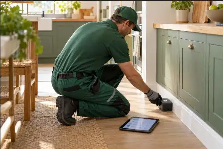 Tecnico Ekonore installa una postazione di monitoraggio meccanica lungo il battiscopa di una cucina — derattizzazione ecologica senza veleni