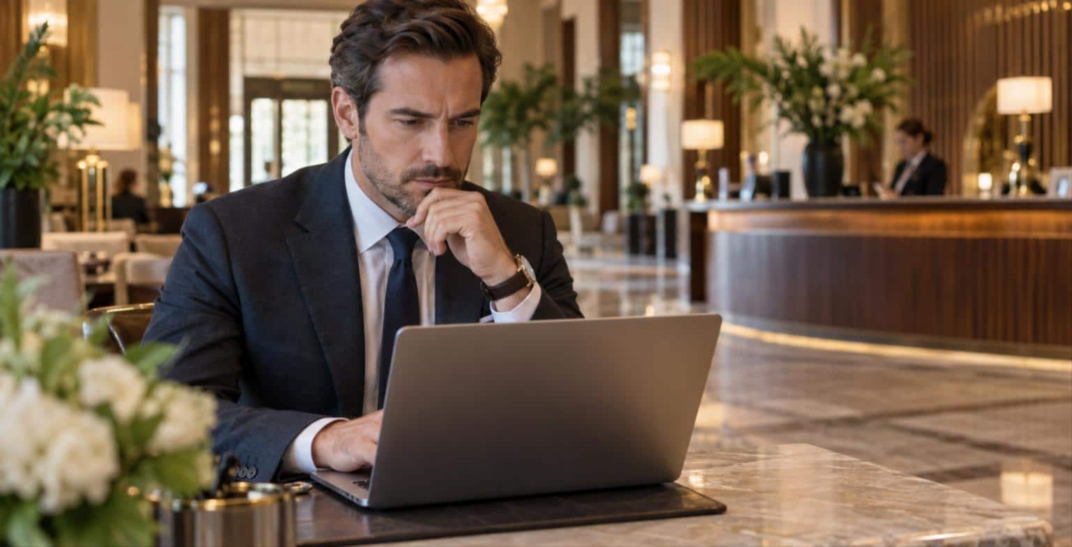Direttore di hotel che legge le recensioni online alla reception