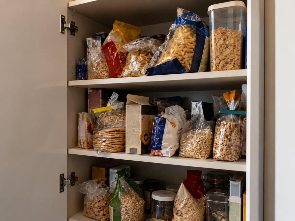 Dispensa con pacchi di alimenti aperti
