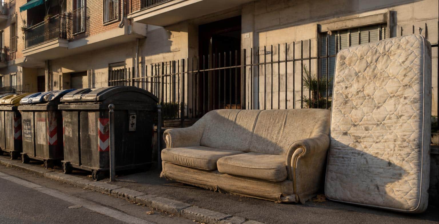 Divano e materasso usati abbandonati accanto ai cassonetti: una via d’ingresso frequente delle cimici dei letti in condominio