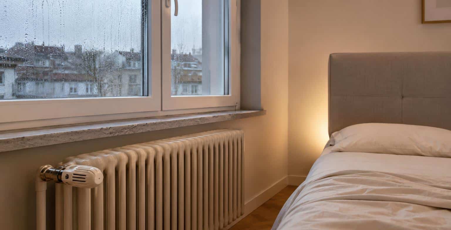 Camera da letto riscaldata con finestra su una città in inverno