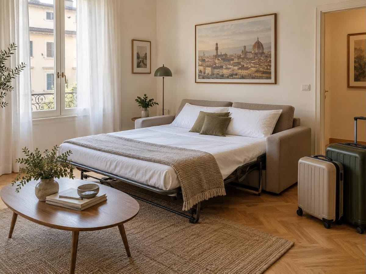 Soggiorno di un appartamento in affitto breve a Firenze con divano letto aperto e valigie
