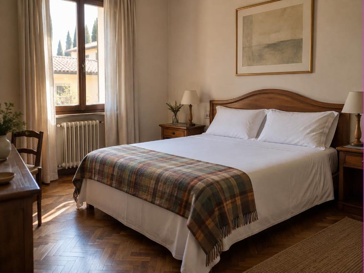Camera di albergo a Firenze appena riassettata per il cambio ospite, contesto tipico dei soggiorni brevi e del rischio cimici dei letti