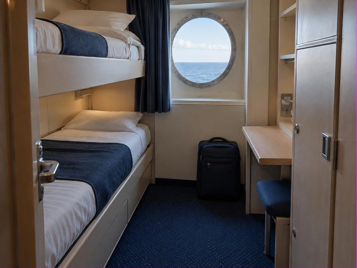 Cabina di una nave passeggeri, flussi portuali e ricambio continuo di viaggiatori a Genova