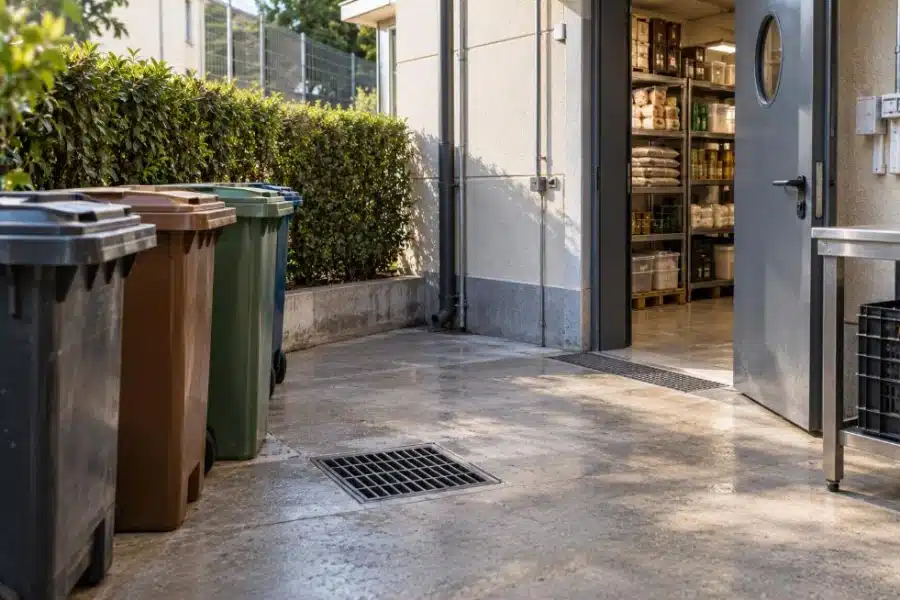 Area rifiuti e magazzino in ordine con contenitori chiusi e derrate sollevate da terra