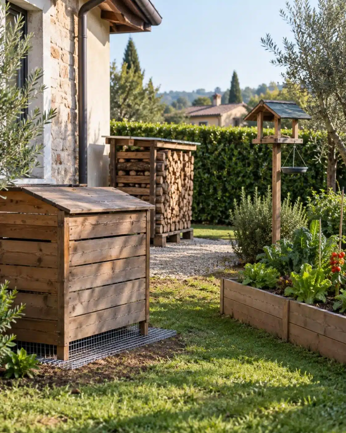 Giardino di casa in ordine con compostiera chiusa su rete, legna sollevata da terra e mangiatoia per uccelli con vassoio