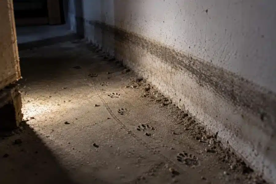 Strisciata scura e unta lungo la base di un muro e impronte di roditore nella polvere