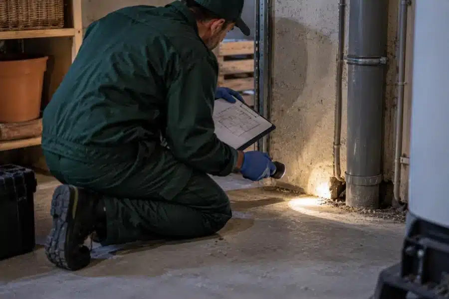 Tecnico con torcia e planimetria ispeziona un varco alla base del muro durante il sopralluogo di derattizzazione