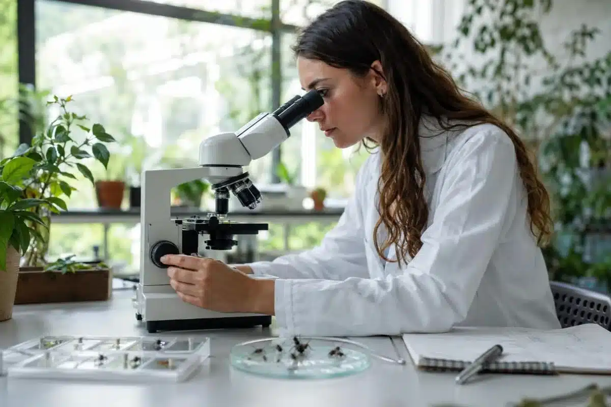 La Dott.ssa Linda Abenaim, entomologa di Ekonore, osserva al microscopio gli insetti raccolti per identificarne la specie