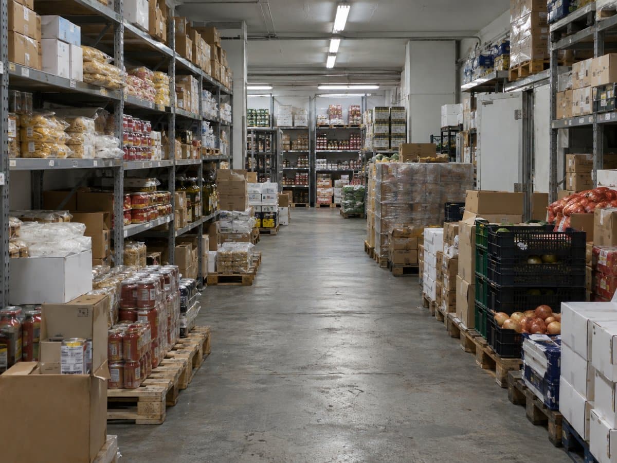 Magazzino di un negozio alimentare con pallet e scatoloni sugli scaffali