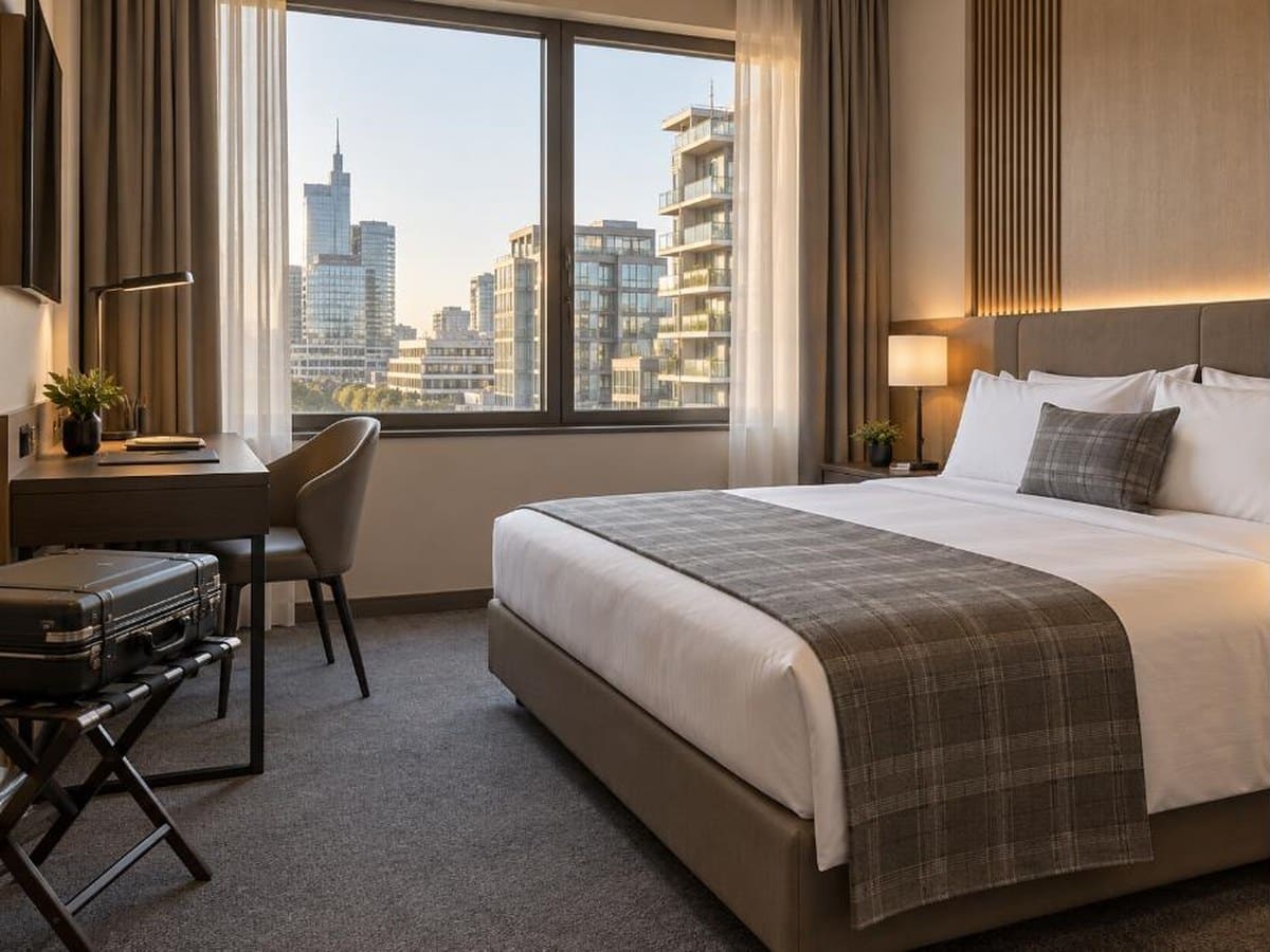 Camera di albergo a Milano per viaggiatori d'affari con scrivania e valigia rigida