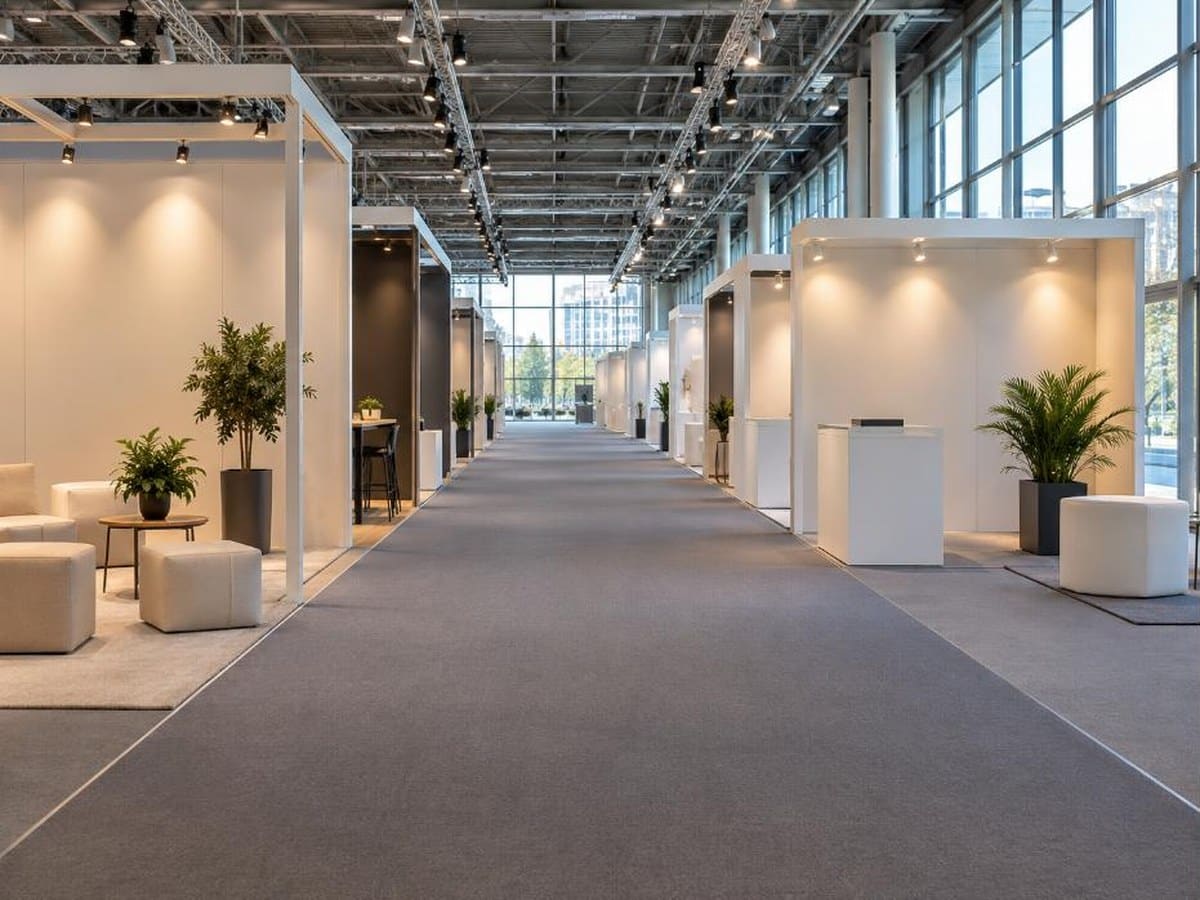 Padiglione fieristico a Milano con stand allestiti e corridoio centrale