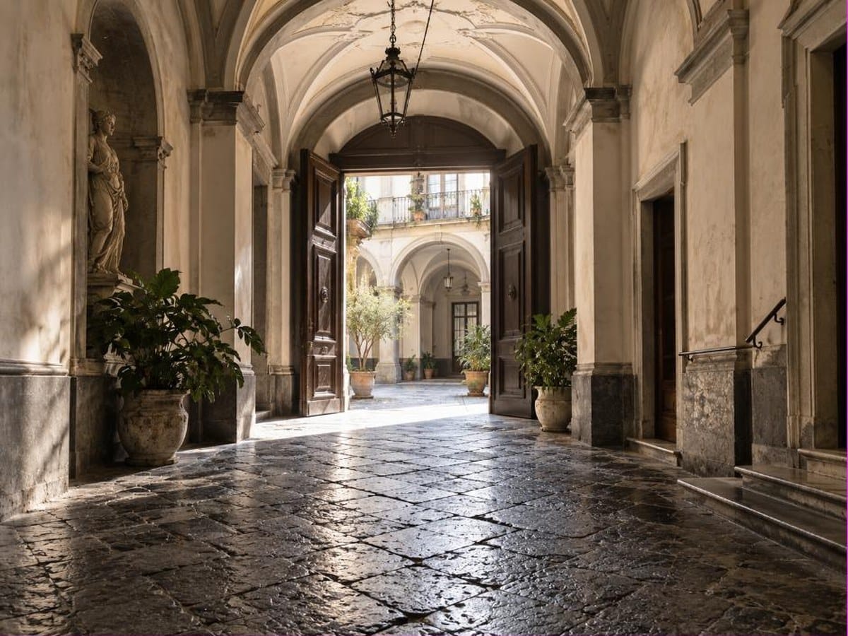 Androne di un palazzo storico nel centro di Napoli, edilizia antica con molti rifugi per le cimici dei letti