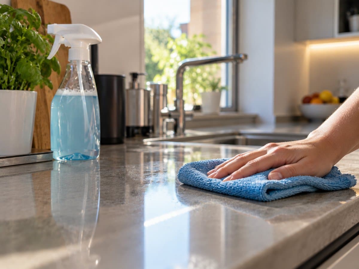 Panno e detergente su un piano di lavoro della cucina