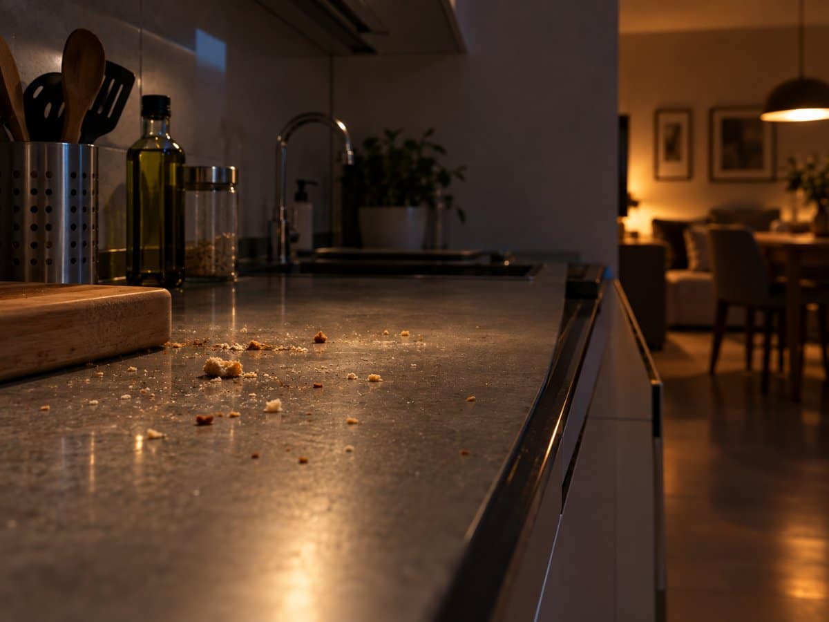Piano di lavoro della cucina con briciole, di notte