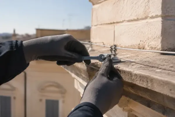 Posa del filo teso antipiccioni sul cornicione di un edificio storico